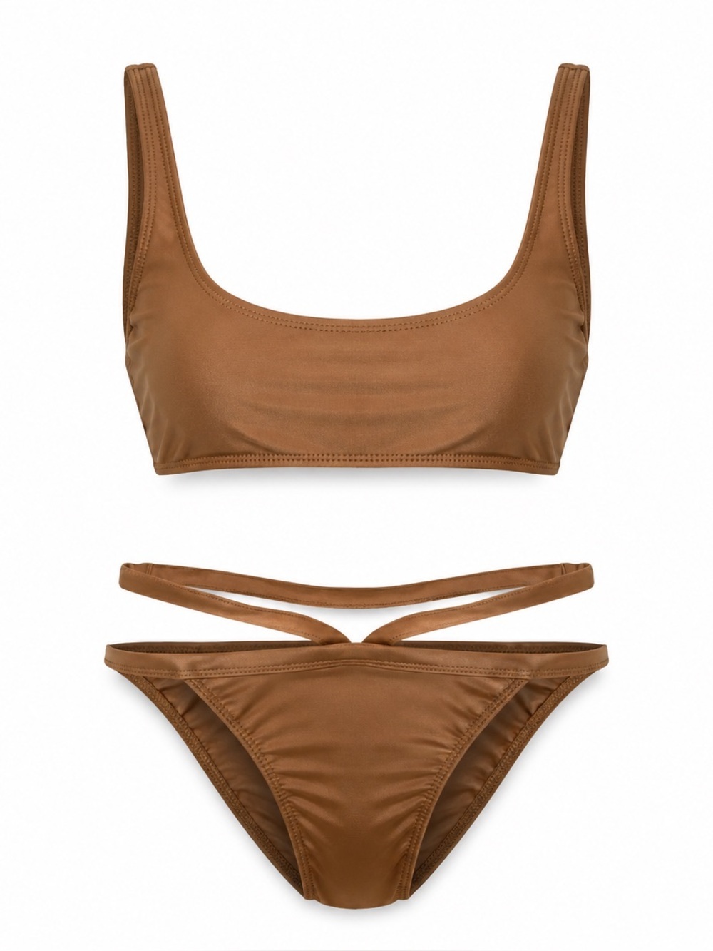 LIONESS Brown Bikini Set - Classic Scoop Top & 2 Waistband Bottom - XS